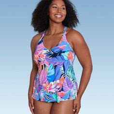 This V-Neck Tankini Top from Aqua Green makes for a chic, comfortable option you can pair with a variety of swim bottoms. The tankini top features a multicolor floral print that pairs easily with patterned and solid bottoms alike. A V-neckline provides a flattering, comfortable fit, while removable soft cups let you customize your level of coverage. Racerback straps give you a stay-put fit for confident wear in and out of the water, while UPF 50+ rated fabric helps protect your skin from UV rays. Vacation Racerback Swimwear With Built-in Bra, Vacation Swimwear With Built-in Bra And Racerback, Multicolor V-neck Tankini For Pool, Multicolor Tankini With Built-in Bra For Beach, Multicolor V-neck Tankini For Swimming, Multicolor Tankini With Built-in Bra For Swimming, Multicolor V-neck Tankini For Beachwear, Spring Racerback Tankini For Swimming, Summer Multicolor V-neck Tankini