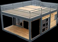 a 3d rendering of a house with wooden floors and metal railings on the roof