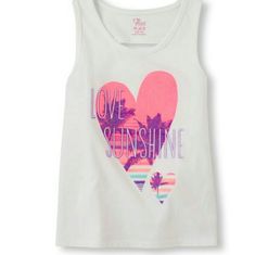 Tank For Your Little Girl. Love Sunshine! Casual Tank Top For Spring Playtime, Casual Tank Top For Playtime In Spring, Casual Spring Tank Top For Playtime, Fun Heart Graphic Tops For Summer, Cute Heart Graphic Tops For Summer, Fun Summer Tops With Heart Graphic, Cute Summer Tops With Heart Graphic, Sleeveless Top With Heart Graphic For Spring, Sleeveless Spring Top With Heart Graphic