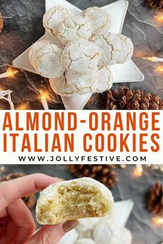 almond orange italian cookies on a plate with pine cones in the background and text overlay that reads almond orange italian cookies