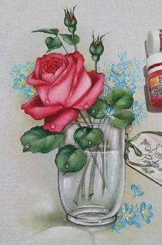 a painting of a rose in a glass vase with some medicine bottles next to it