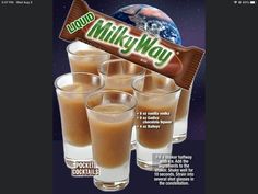 an advertisement for milky way with four glasses