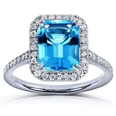 Kobelli Emerald Cut Swiss Blue Topaz and Diamond Halo Ring 3ct CTW 14k White Gold Black Tourmaline Ring, Diamond Halo Ring, Swiss Blue Topaz, Halo Diamond Ring, 14k White Gold Ring, Emerald Cut Diamonds, Blue Topaz Ring, Halo Ring, Halo Rings