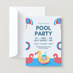 a pool party flyer with an inflatable floater and flamingos on it