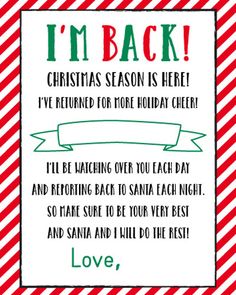 a christmas card with the words i'm back in green and red on it