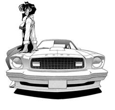 a woman standing on the hood of a white mustang car, with her eyes closed