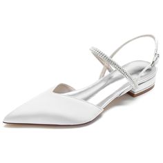 Shop White Satin Rhinestone Slingback Pointed Toe Flat Sandals color White for Going out, Hanging out with worldwide Free shipping & Free return. Bridal Party Shoes, Bridal Shoes Low Heel, Glitter Flats, Elegant Flats, Wedding Shoes Flats, Flat Dress Shoes, Wedding Flats, Bridal Sandals, Bridal Shoes Flats