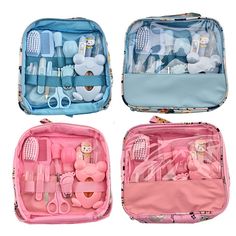 three pieces of pink and blue luggage with toothbrushes, combs, and other items in it