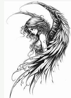 an ink drawing of a woman with long hair and wings on her back, holding onto the