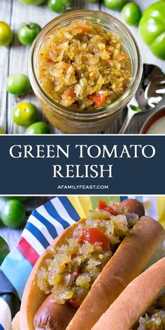 green tomato relish in a jar next to two hot dogs