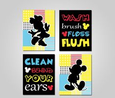 four mickey mouse cards with the words wash brush floss flush and clean your ears