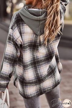 KarliDress Trendy Plaid Patchwork Hooded Sweatshirt P12854 Patchwork Fashion, Flannel Hoodie, Patchwork Sweater, Vintage Hoodies, Solid Color Shirt, Mini Dress Casual, Black White Pink, Drawstring Hoodie, Hooded Pullover