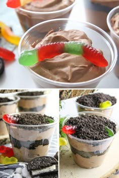 there are three pictures of different desserts in plastic cups with candy worms on them