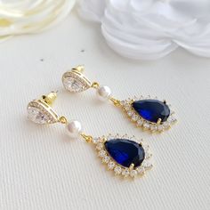 Gold & Blue Crystal Earrings with Pearls for Brides, Weddings, Prom – PoetryDesigns Style Bleu, Earrings With Pearls, Blue Drop Earrings, Blue Crystal Earrings, Pearl Cream, Ivory Pearl, Matching Jewelry, Earrings In Gold, Gold Crystal