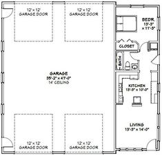 the garage floor plan is shown with two separate areas for storage and living room space