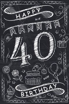 chalk drawing happy birthday card with the number forty and decorations on blackboard stock photo