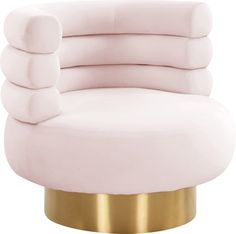 a pink chair with gold legs and a round back rest on a white background,