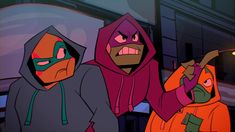 three cartoon characters in hoodies standing next to each other on a city street at night