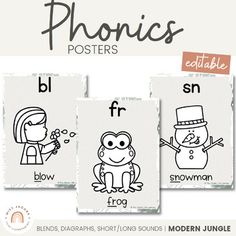 three posters with the words phonics and snowman on them in black and white