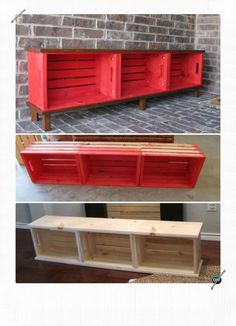 three different pictures of red and white wooden furniture with brick wall in the back ground