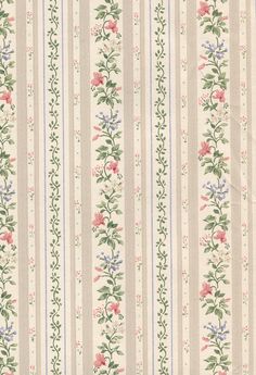 a striped wallpaper with pink flowers and green leaves on the side, along with vertical stripes