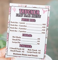 a person holding up a menu for a trucker lat bar menu price list