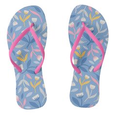 A cute spring floral design & pattern with fun flowers in shades of blue, yellow, pink, white and gray. These flip flops have a colorful, tropical aesthetic. Floral Print Sandals For Beach Season, Pink Spring Poolside Sandals, Summer Floral Print Beach Sandals, Pink Sandals For Spring Poolside, Pink Sandals For Poolside Spring, Blue Beach Slippers For Spring, Blue Slippers For Spring Vacation, Multicolor Sandals For Poolside Spring, Blue Sandals For Spring Poolside