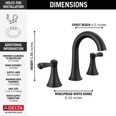 the delta faucet is shown with measurements for it's handles and body