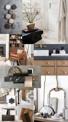 a collage of photos with different furniture and decor items in the same room, including a sink, mirror, cabinets, rugs, towel rack, toilet paper holder, vase