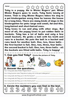 English numbers and counting for kids - reading worksheet Reading Worksheets For Kids, Esl Reading Comprehension, Counting Worksheet, First Grade Reading Comprehension, Dog Reading, Esl Reading