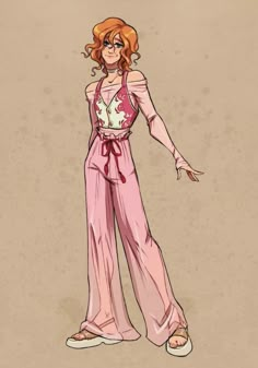 a drawing of a woman with red hair wearing pink and white pajamas, standing in front of a brown background