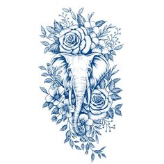 an elephant's head surrounded by flowers and leaves on a white background with blue ink