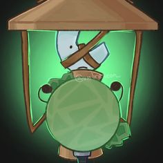 an animated image of a man holding a green ball in front of a light fixture