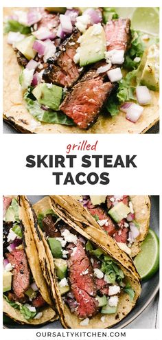 grilled steak tacos with avocado and cilantro on the side