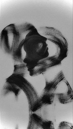 a black and white drawing of a woman's face with abstract lines in the background