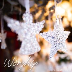 two crystal snowflakes hanging from a christmas tree with the words worship written below them