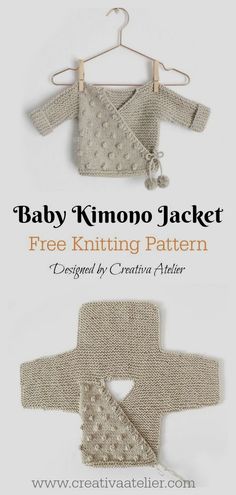 the baby kimono jacket knitting pattern is shown in three different colors and sizes, with text