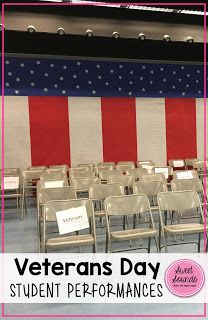 an american flag is in the background and there are chairs with signs on them that read veterans day student performance