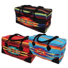 "Our Go West Weekender Bags are the smaller version of our ever popular Go West Travel Bags!  Made from handwoven material in Southwest designs by El Paso Saddle Blanket Company of El Paso, Texas, they are fully lined with inside pocket, suede handles and accent corners with 4 plastic feet to keep bottom clean. This bag measures 18\"L x 8\"W x 8\"H, a great size for an overnight stay or a trip to the gym!" Weekender Bags, Go West, Weekend Travel Bags, Southwest Design, Saddle Blanket, Travel Duffel, Duffel Bags, Duffel Bag Travel, Weekender Bag