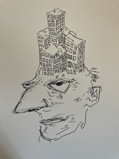 a black and white drawing of a man's head with buildings in the background