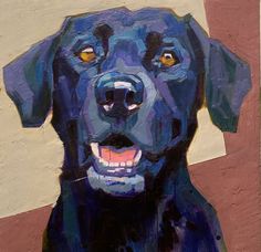 a painting of a black dog with yellow eyes