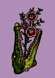 an alligator's tail with flowers on it and the letter v in the middle