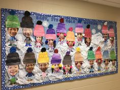 a bulletin board with hats on it in a school hallway at the end of winter