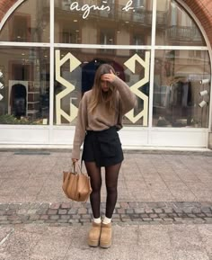 Ugg Inspired Outfits, Fall Outfits Skirt And Sweater, Fall Mini Skirts, Brown Skirt Black Tights, Uggs Skirt Outfit, Skirt With Uggs Outfit, Uggs And Skirt, Ugg Skirt Outfit, Skirt And Uggs Outfits