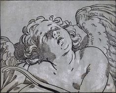 a drawing of an angel laying down with his head on the back of a chair