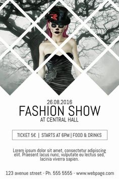 the fashion show flyer is shown with an image of a woman in a black dress