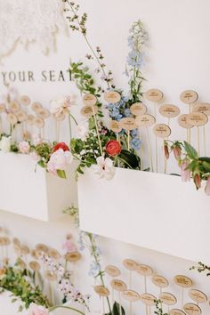 flowers are arranged on the side of a wall