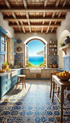 a kitchen with blue and white tile flooring next to an open window overlooking the ocean