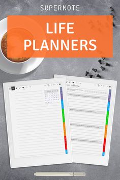 a cup of coffee and two notebooks with the words, super note life planners