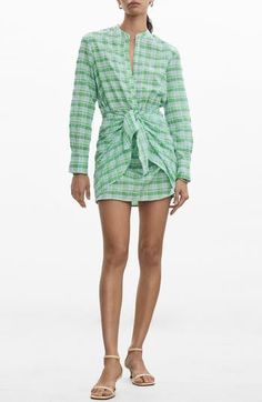 A tie-front detail lends casual energy to this long-sleeve shirtdress patterned in pretty checks and made of a breezy cotton blend. Front button closure; attached waist tie Band collar Long sleeves with two-button cuffs 62% cotton, 38% polyester Machine wash, line dry Imported Shirt Dress Pattern, Green Fits, Band Collar, Nordstrom Store, Shirtdress, Waist Tie, Size 16, Checks, Mango